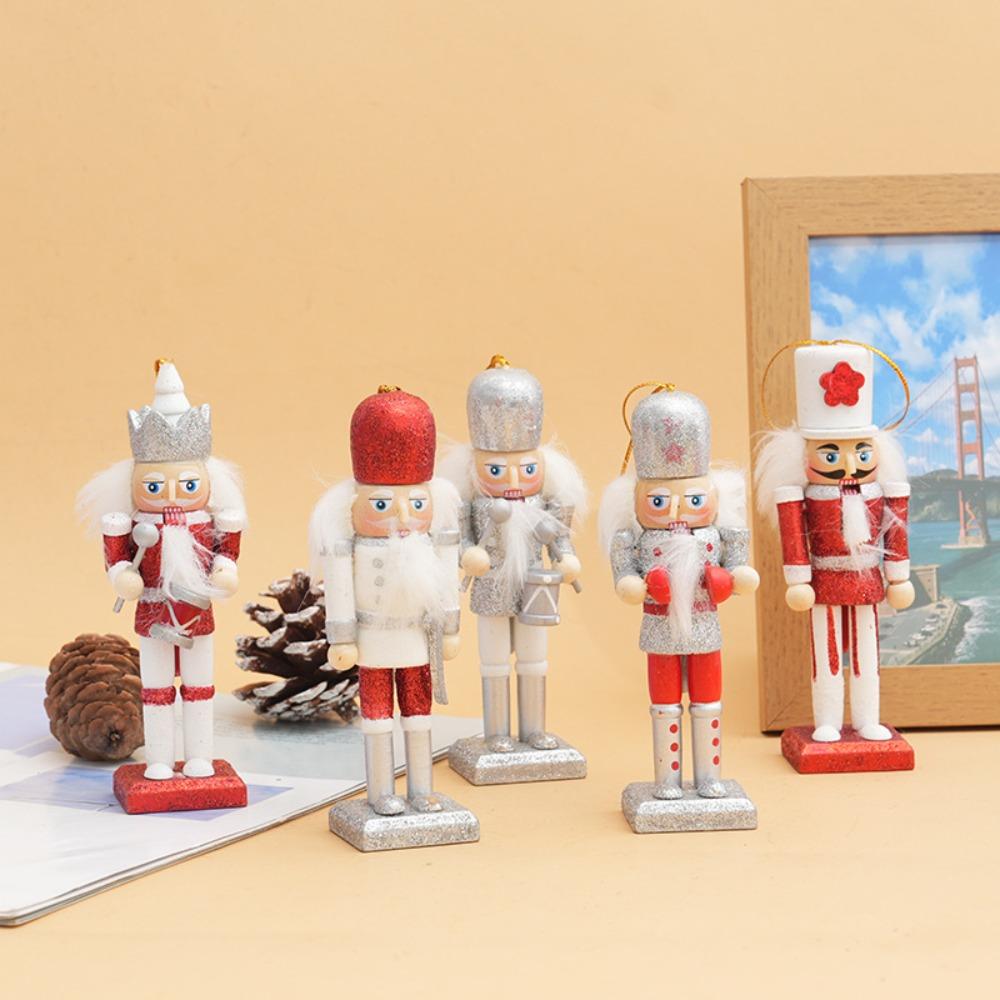 5Pcs/Set Wood Nutcracker Puppet Ornament with Hanging Rope Multiple Style Nutcracker Soldier Pendant Classic Glitter