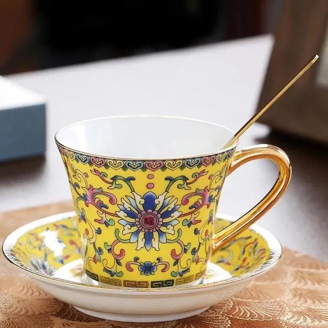European Enamel Ceramic Coffee Cup & Saucer Set, Elegant Afternoon Tea Cup Set