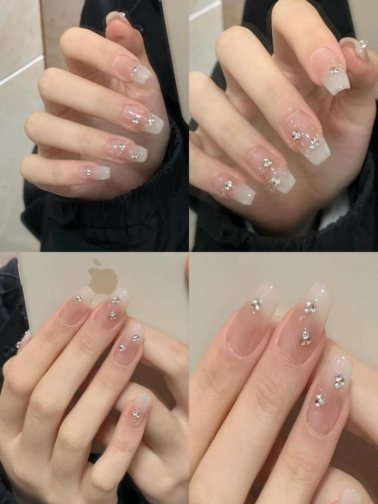 Handmade Gradient Nude Nail Stickers Wholesale For Students With Detachable Sparkling Rhinestones