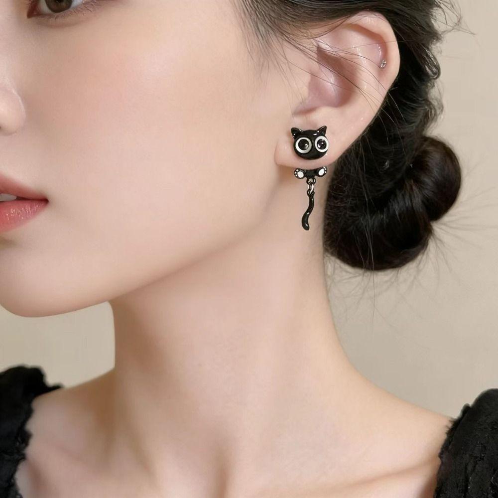 Sweet Black Cat Drop Earrings Alloy Light Luxury Earrings Black Kitten Earrings  For Girl Women