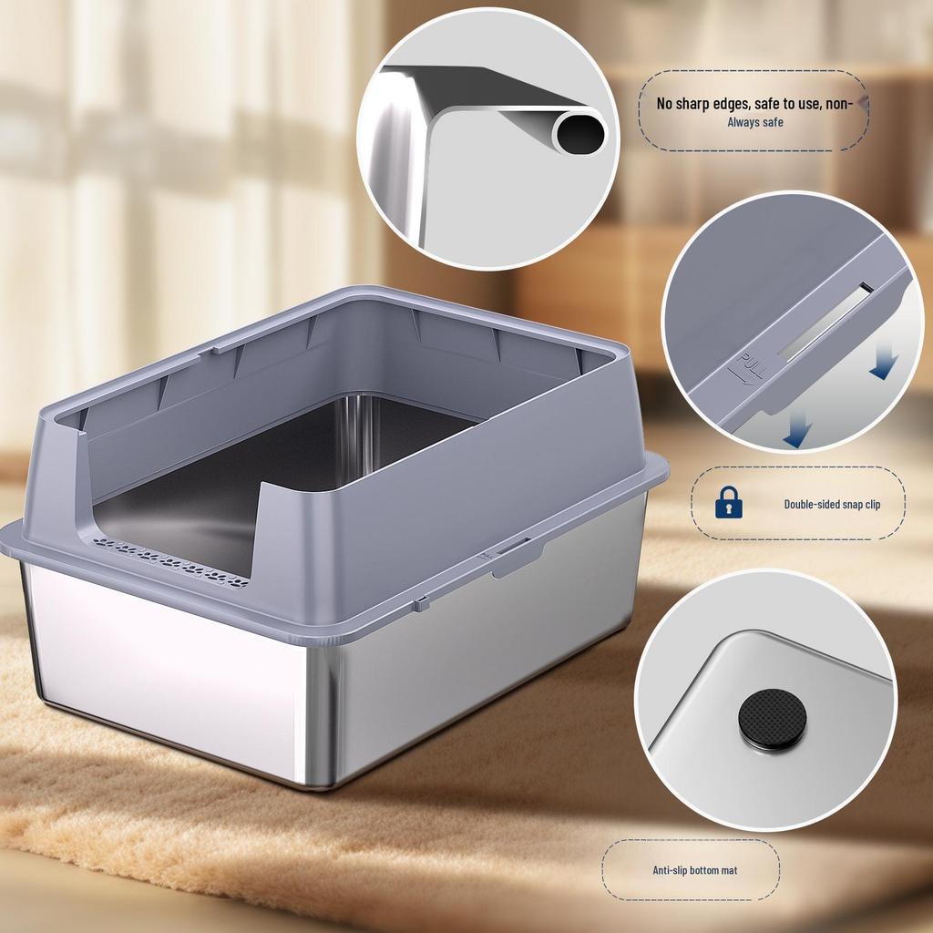 Large Stainless Steel Semi-Enclosed Detachable Cat Litter Box, Easy To Clean Pet Toilet Supplies