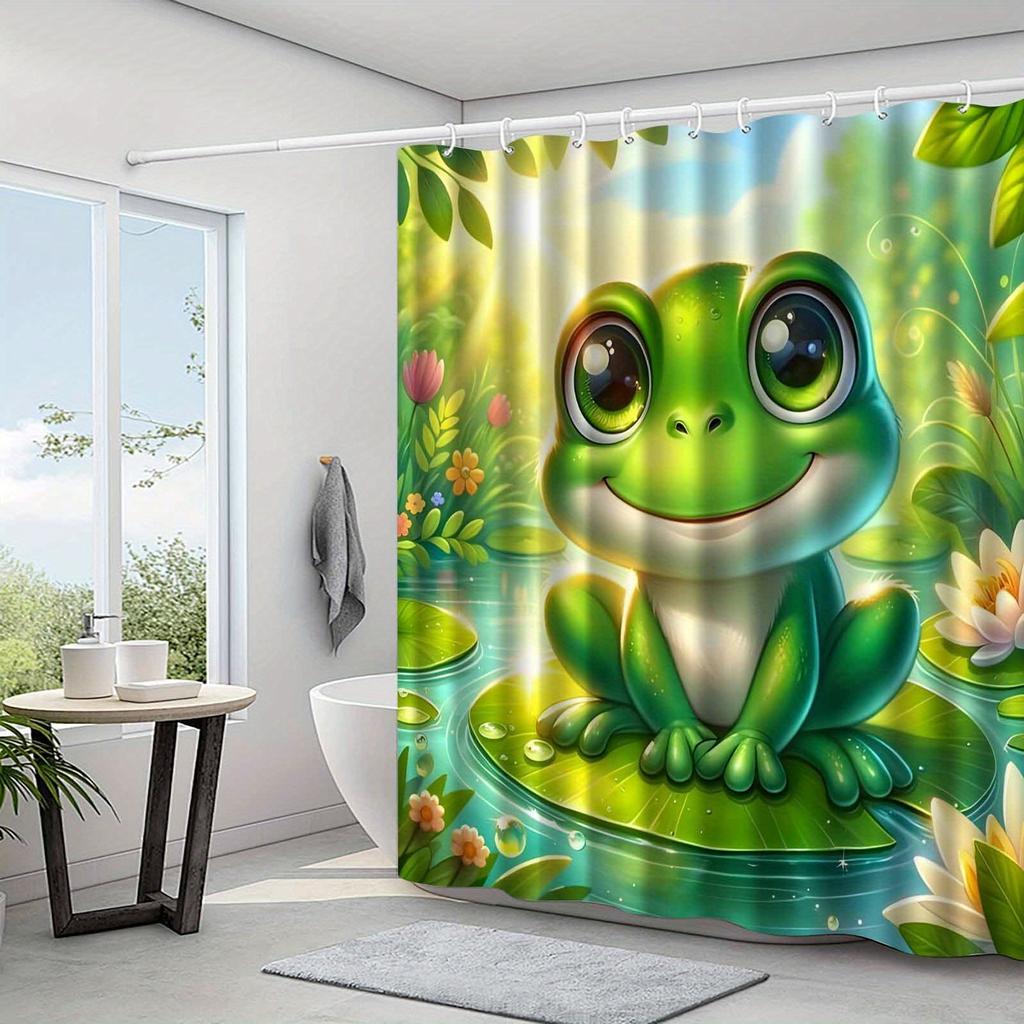 Cute Frog Shower Curtain Lily Pad Pond Art Green Nature Decor Kids Bathroom Waterproof Fabric Bath Curtain Set Home
