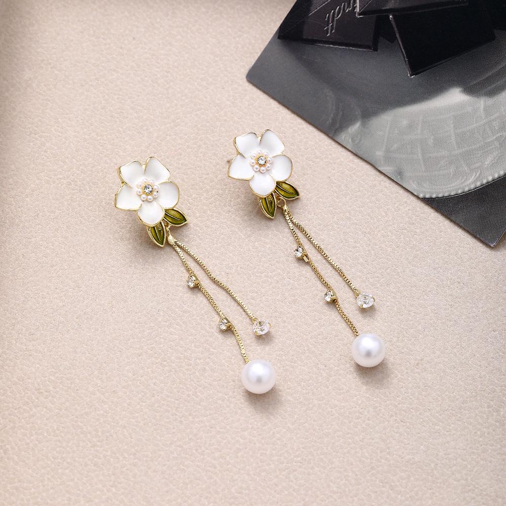 French High-End Camellia Fringed Stud Earrings Long High-End Flower Earrings Women'S Light Luxury Niche Earrings