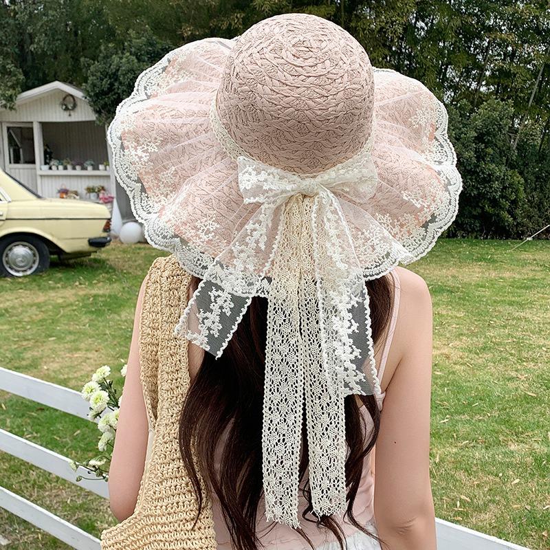 Summer Bow Sun Hat Female, Seaside Beach Vacation Sun Hat Outdoor Big Brim Sun Hat Sweet Straw Hat