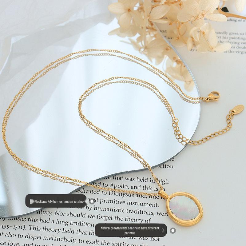Elegant Gold-Plated Titanium Steel Necklace with Oval White Sea Shell Pendant