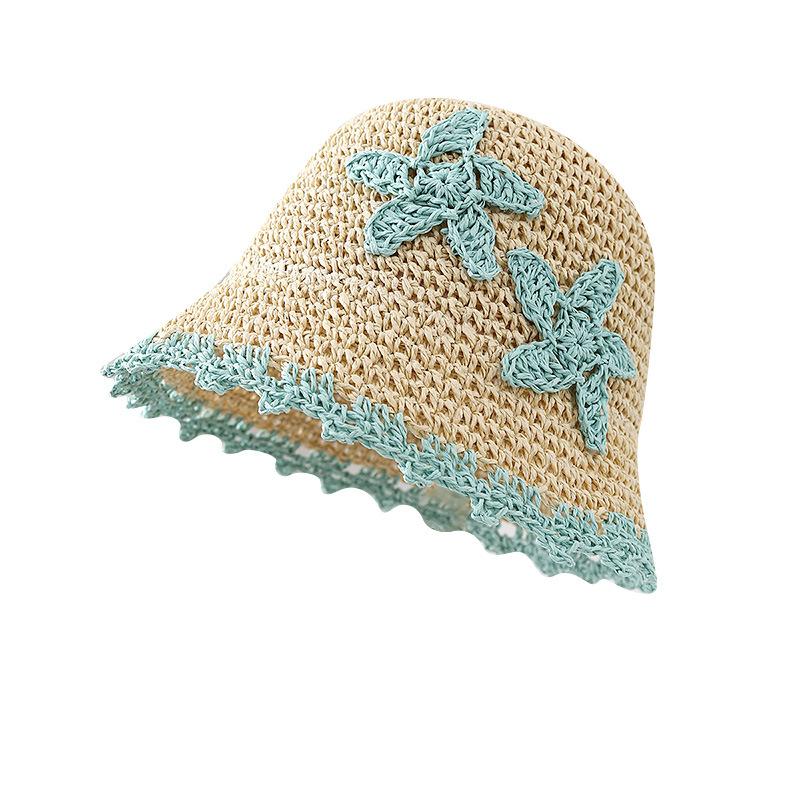 New Contrasting Color Star Big Brim Woven Straw Hat Women's Sunscreen Sunshade Sun Hat Beach Bucket Hat