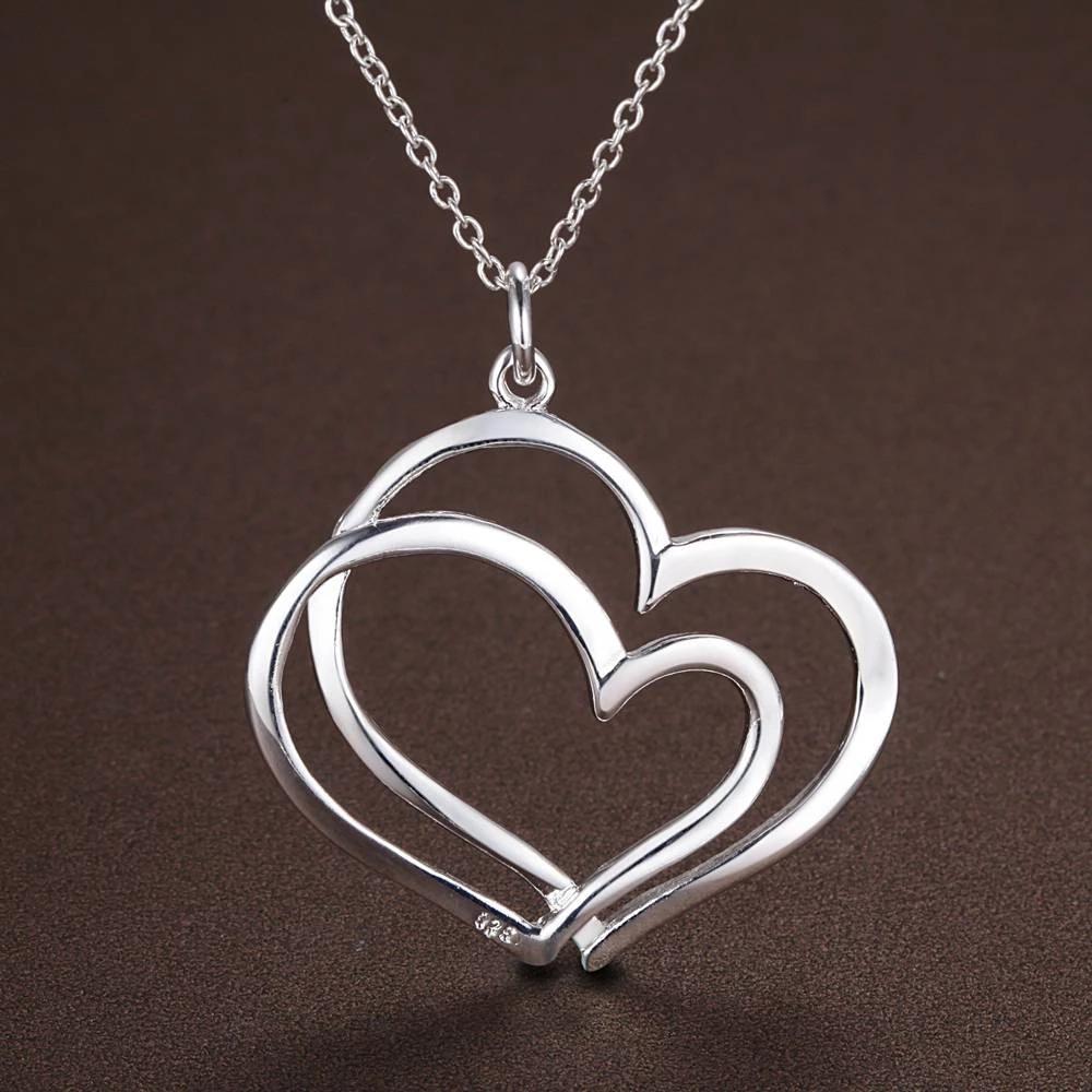 925 Stamped Silver Romantic Double Heart Pendant Necklace for Women Fashion Streetwear Jewelry Wedding Party Holiday Gifts