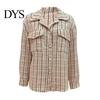 Women Jacket with Pockets Fall Spring Retro Plaid Print Turn-down Collar Single-breasted Striped Cardigan Chest Long Sleeves Loose Commuting