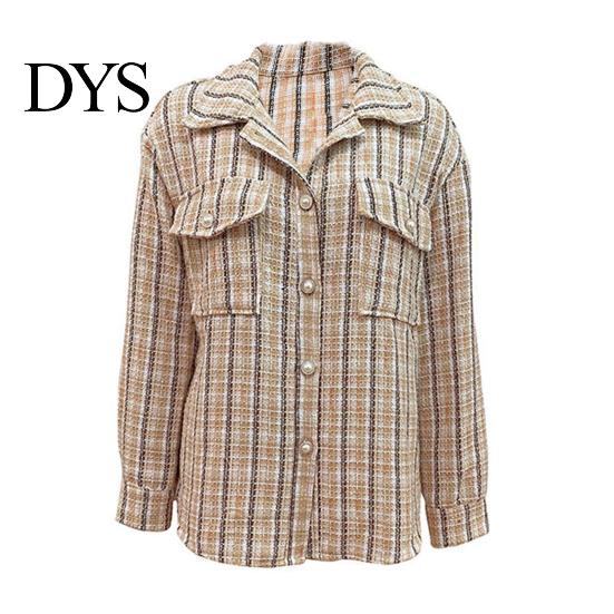 Women Jacket with Pockets Fall Spring Retro Plaid Print Turn-down Collar Single-breasted Striped Cardigan Chest Long Sleeves Loose Commuting