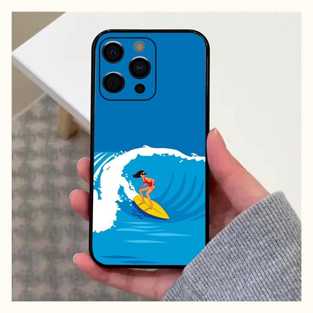 Surfboard Surfing Art Surf Girl  Phone Case For Apple iPhone 15,14,13,12,11,Pro,X,XS,Max,XR,Plus,Mini Soft Black Cover