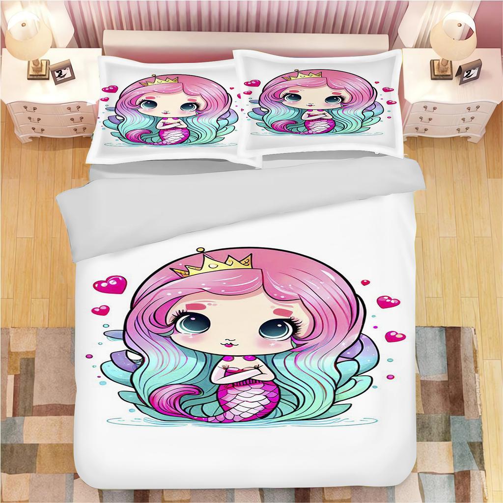 Mermaid Duvet Cover Cartoon Set Bedding, Cute Printed Cartoon Quilt Cover Comforter Sets Home Bedroom Decoration