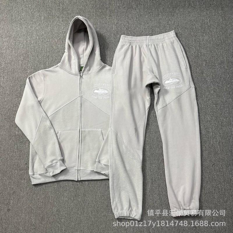 Mens Hooded Zip-Up Sweatshirt Loose Jogger Pants Set Cotton Casual Sportswear Outfit Daily Wear