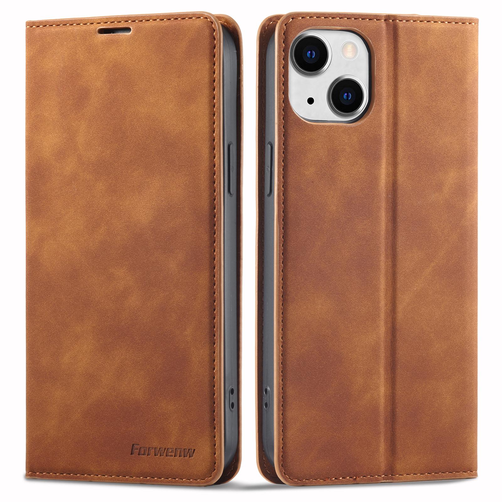

FORWENW for iPhone 14 Fantasy Series Cell Phone Cover Skin-friendly Leather Stand Wallet Drop-proof Flip Phone Case Brown