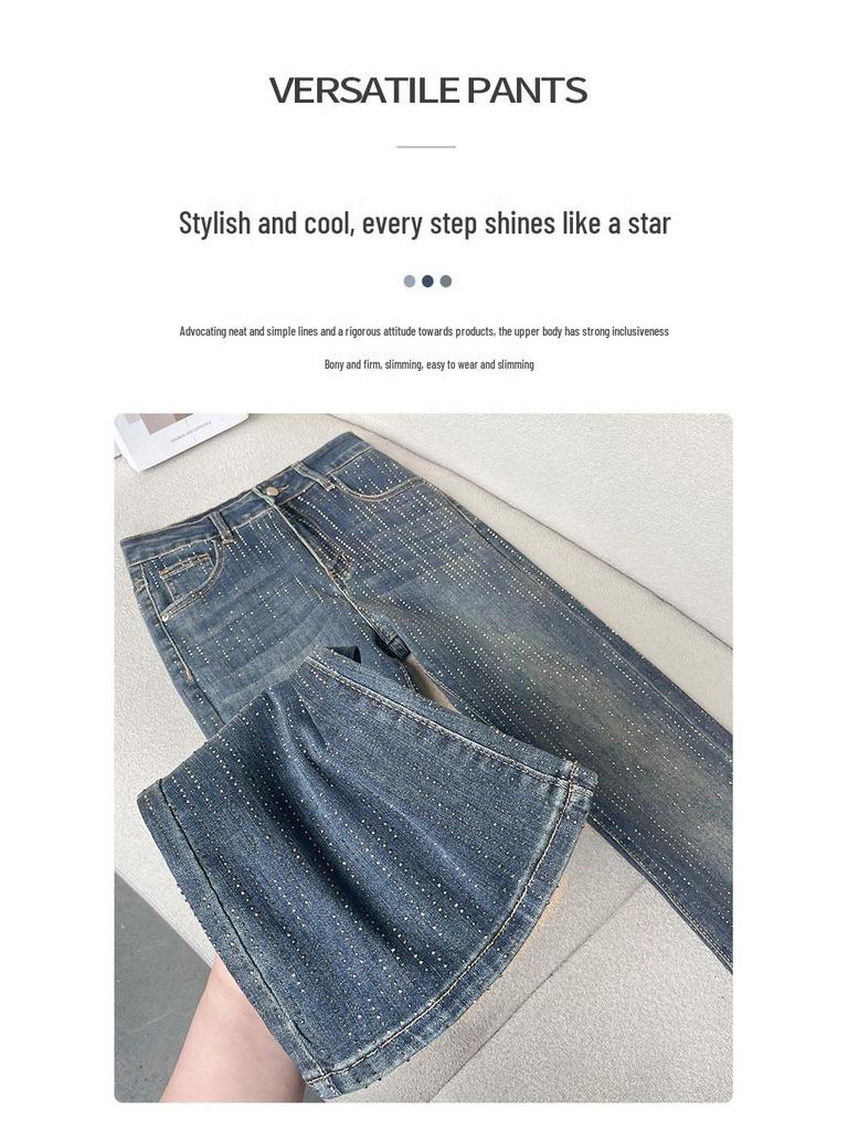 Women's Sparkling Rhinestone Flare Pants - Stretchy, High-Waisted, Slimming Denim for Spring/Autumn