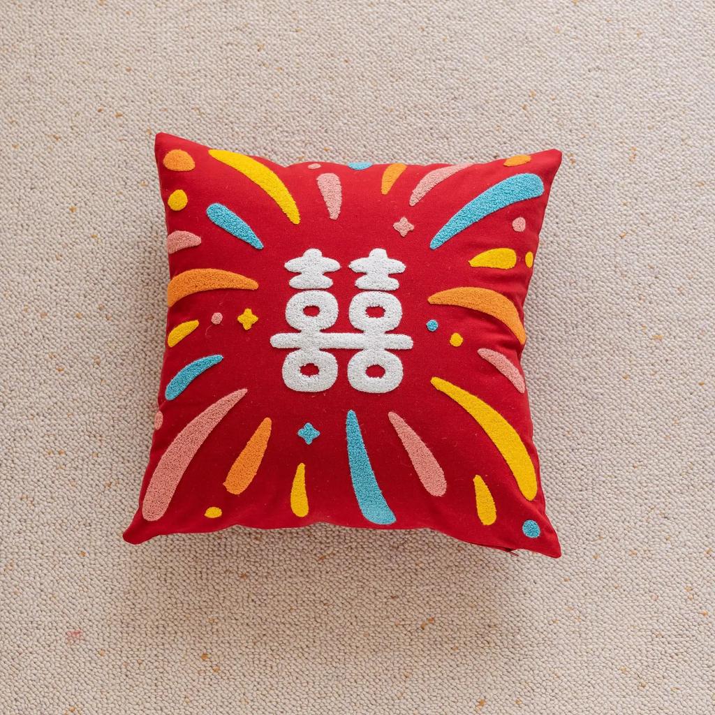 New Chinese Style National Style Pillowcase with Happy Word Living Room Sofa Bedroom Pillowcase New Year Wedding Red Backrest