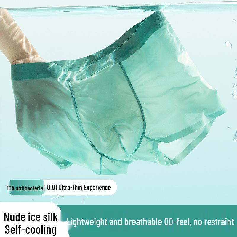 Men's Summer Ice Silk Antibacterial Quick-Dry Boxer Briefs - Mid-Waist, Seamless, Breathable Ultra-Thin Four-Corner Design.
