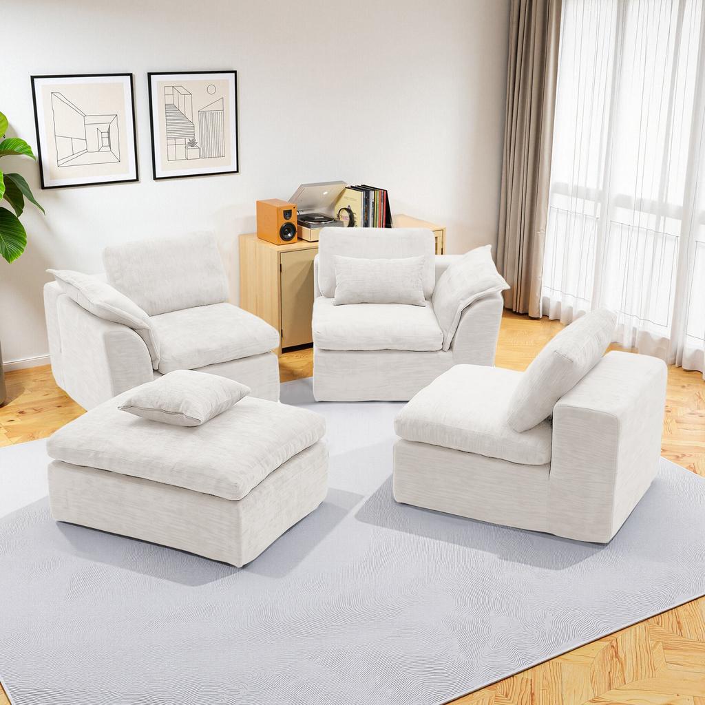 Modular Sectional Cloud Couch With Movable Ottoman, 4 Seat Modern Sofa, Deep Seat L shaped Couch For Living Room,Bedroom Apartment