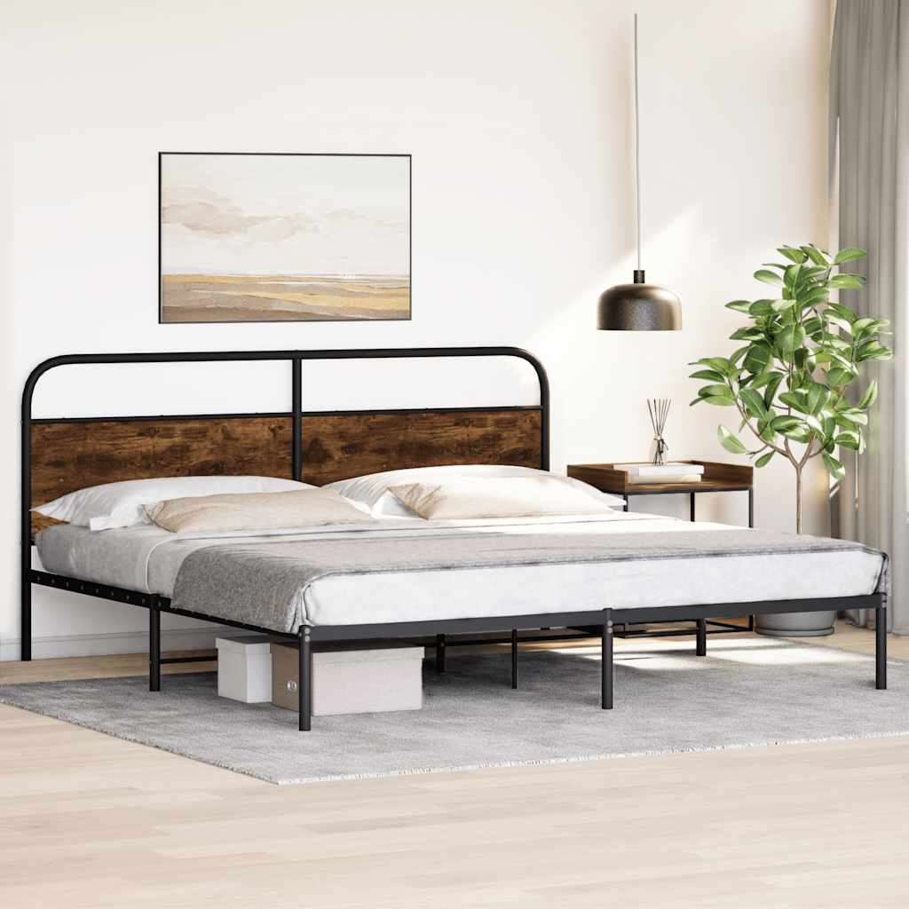 Metal Bed Frame Without Mattress Smoked Oak Finish 180 X 200 Cm