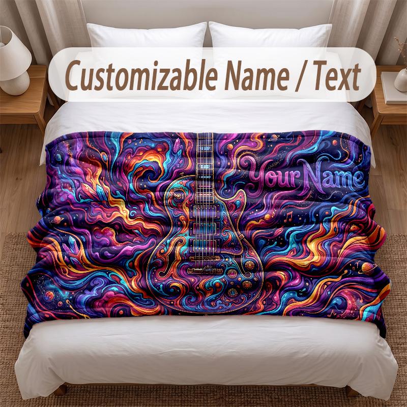 Music Guitar Theme Soft Blanket Personalized Custom Name Text Print Warm Blanket Home Sofa Bedroom Decor