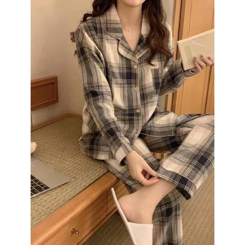 Women's Korean Version of The Long-Sleeved Pyjamas Student Homewear Two-Piece Set Cardigan Plaid Ladies Sleepwear Loungewear