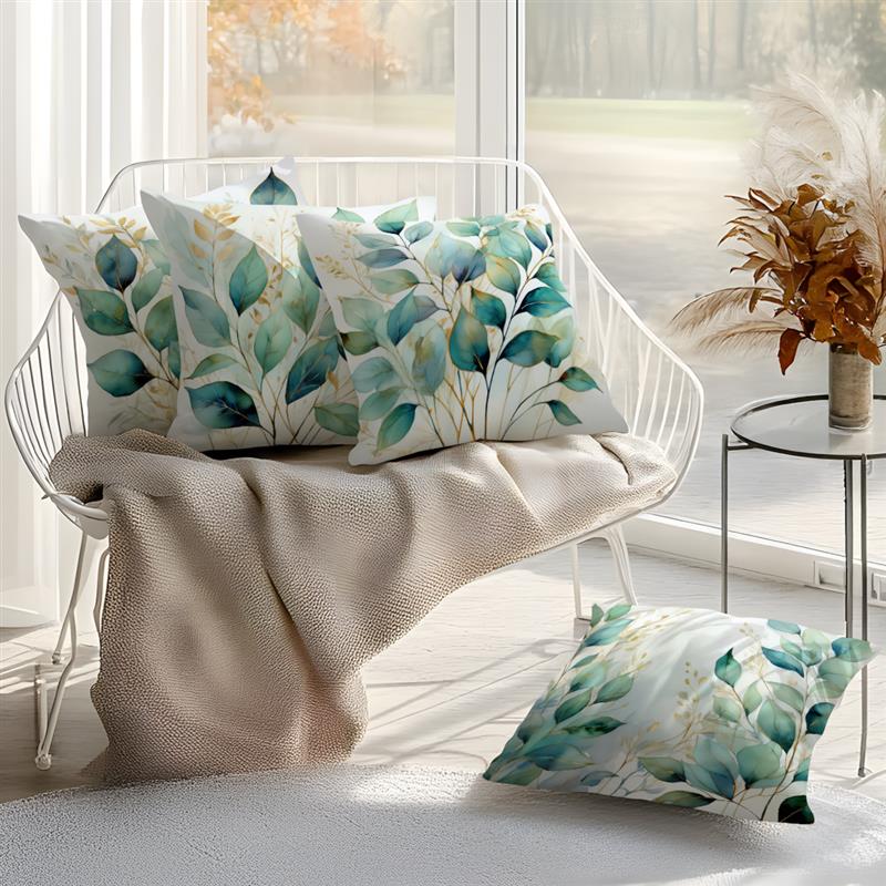 Turquoise Watercolor Leaves Cushions Pillowcase Printed Polyester 45X45Cm Throw Pillow Cover Decorative Sofa Cushion Pillowslip