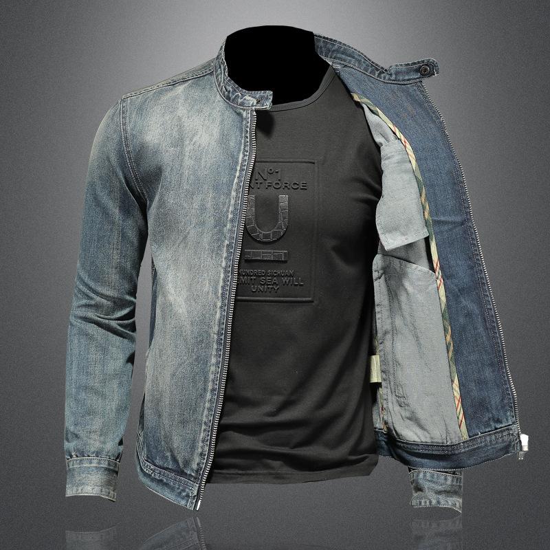 New Fashion Slim Fit Bărbați Gât în ​​picioare Fermoar Jachetă Harley Motocicletă Denim Jachetă Bărbați