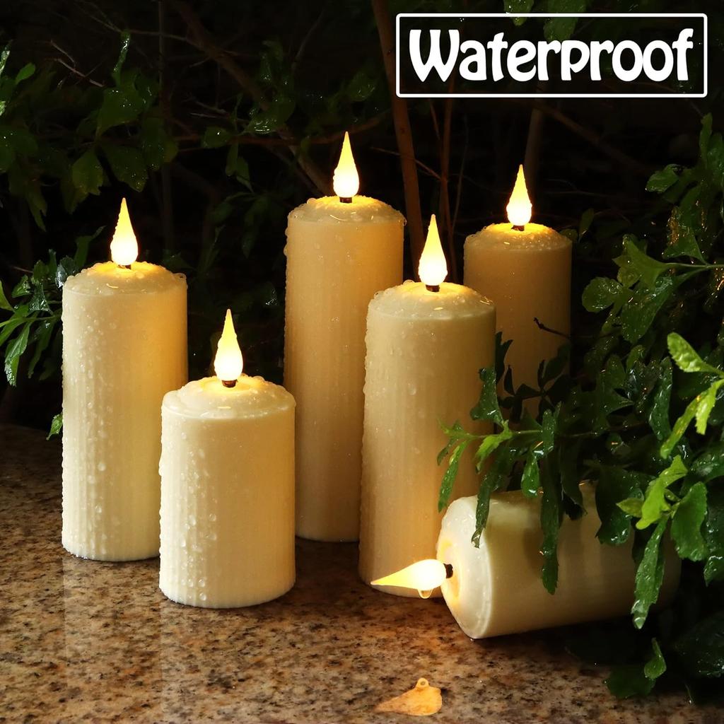 Rechargeable Flameless Candles with Remote Timer, in/Outdoor Waterproof LED Flickering Pillar Candles Set of 6 (D2 x H4/5.5/6.5"), Battery Operated