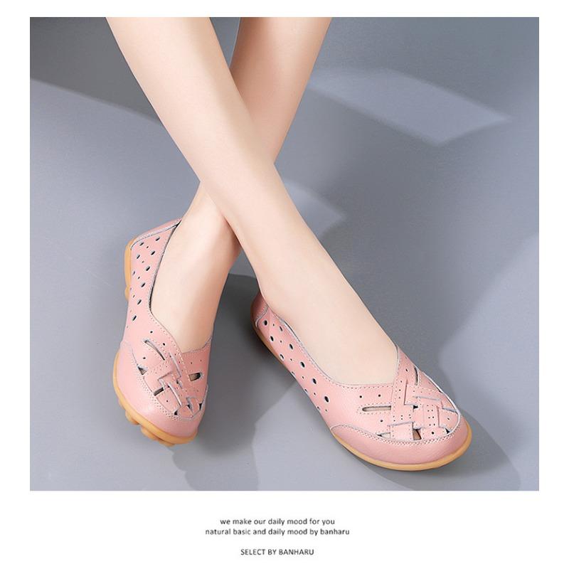 Women's Breathable Perforated Leather Flat Shoes Comfortable Massage Sole Casual Loafers for Daily Walking