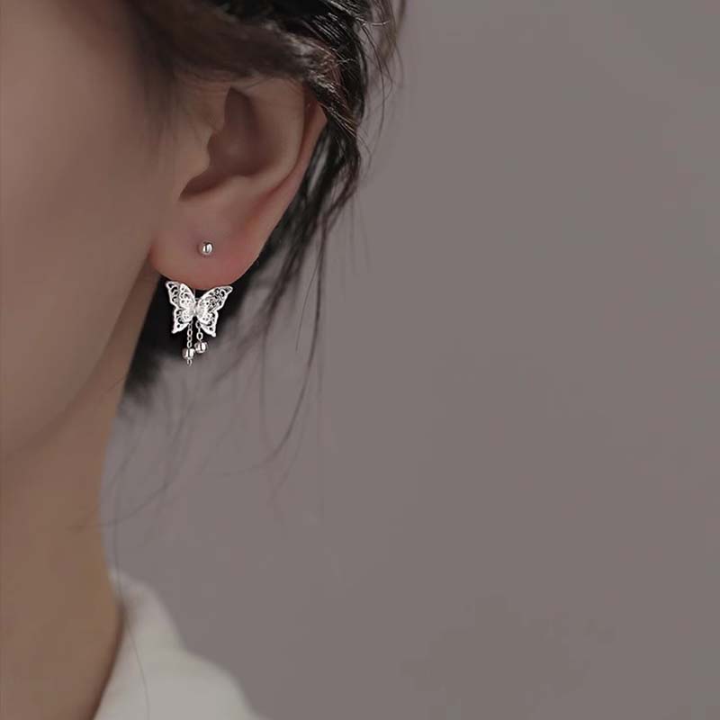 Silver Color Hollow Butterfly Tassel Earrings for Women Simple Curved Hook Screw Buckle Earrings Y2K Elegent Jewelry Gift