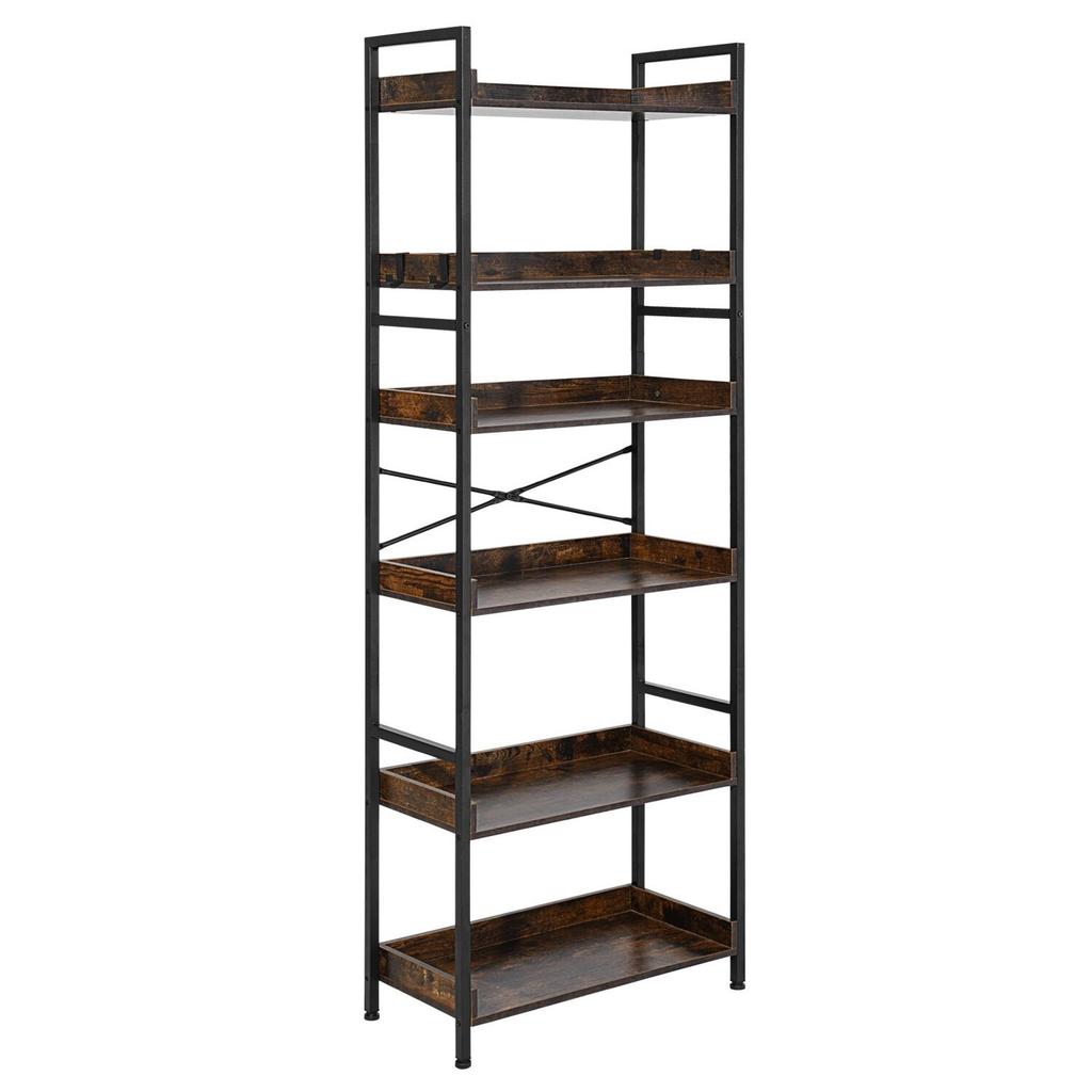 Industrial Bookshelf, 6-Tier, Vintage Ladder Shelf Bookshelves and Bookcases, with Metal Frame, Book Organizer with Open Shelves, for Living Room,
