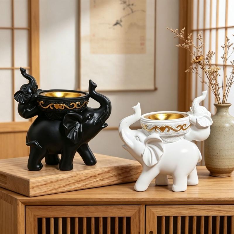 Decorative Mother and Baby Elephant Incenses Holder Resin Cone Burners White Finish with Gold Bowl for Meditations Room Table and Shelf Display