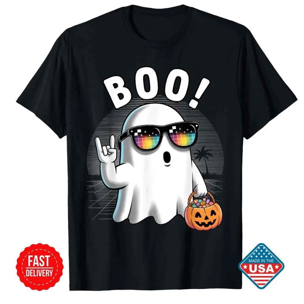 Rock Ghost Retro Halloween Pumpkin Funny Boo Tshirt Adult Youth Tee Unisex Tee