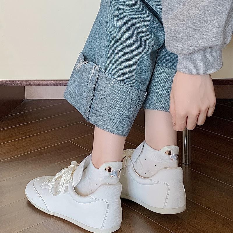 Female Spring and Summer Thin Pure Cotton Polka Dot Cute Cartoon Dachshund Embroidered Boat Socks