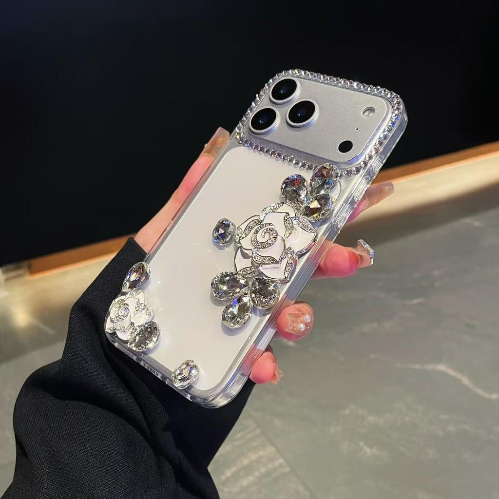 For Apple Ins Style Transparent Mobile Phone Case for IPhone17 Rhinestone 16 Rose Three-dimensional 15 Light Luxury Xsmax Hard