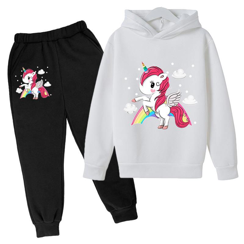 Girls' Hoodie Set Casual Sports Hoodie Set Cartoon Unicorn Print Spring and Autumn CuHK Children Long-sleeved Two-piece Set