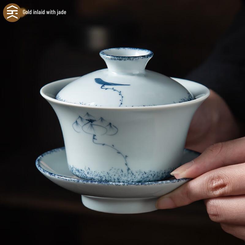 Large Hand-Painted Blue & White Ceramic Gaiwan