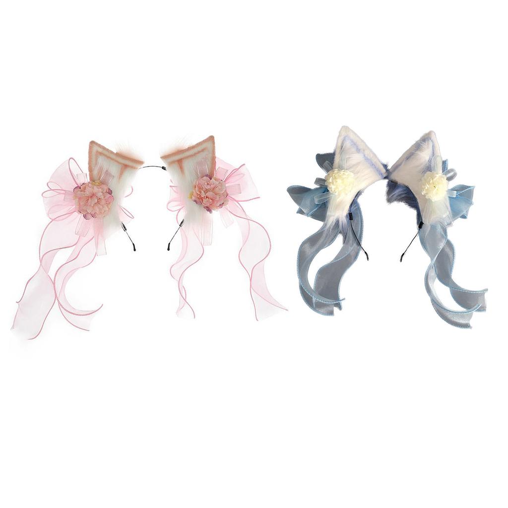 Sweet Students Woman Cat Ear Hairband with Flower&Bowknot Gorgeous Cat Ear Headbands Chinese Style Hanfu Hair Hoop