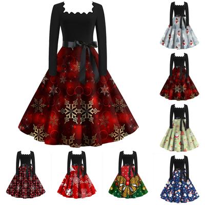 Women's Fashion Square Neck Casual Slim Christmas Printed Long Sleeve Dresses