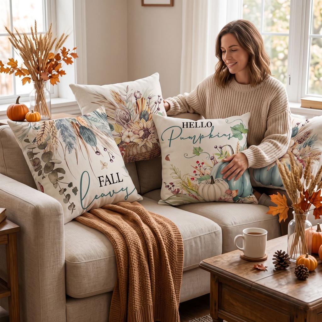 4 Pack Fall Thanksgiving Throw Covers with Pumpkin and Maple Leaf Print for Sofa Couch Decor