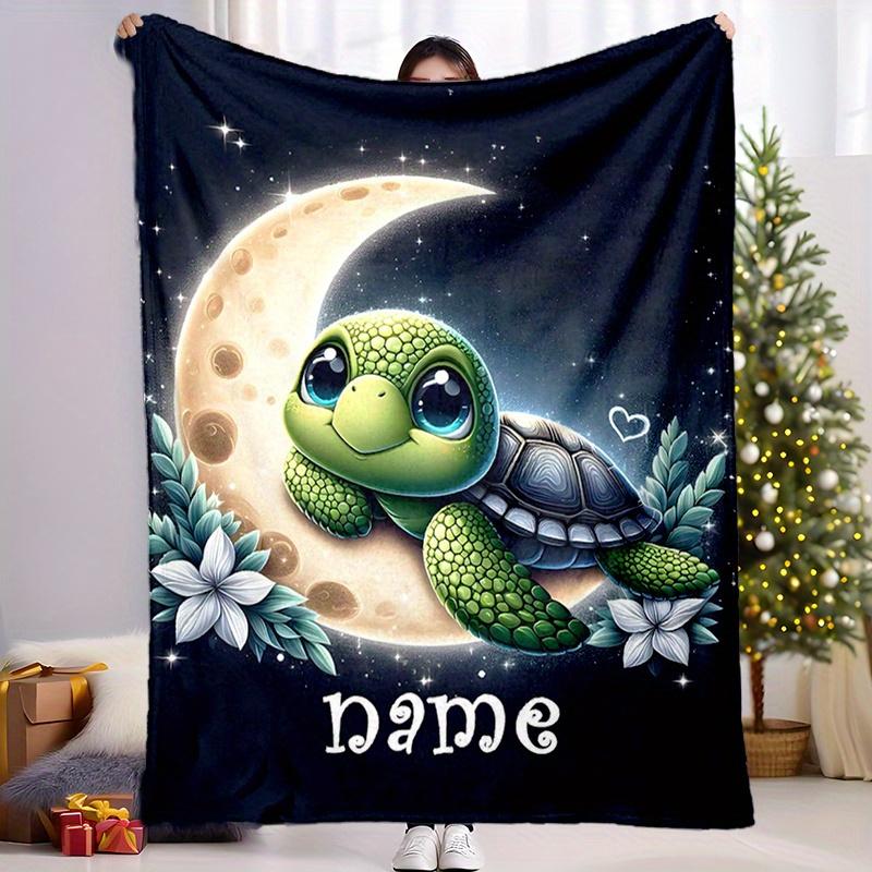 Customizable Turtle & Moon Design Flannel Blanket - Personalized Name, All-Season Thick Knit, Machine Washable, Travel & Outdoor