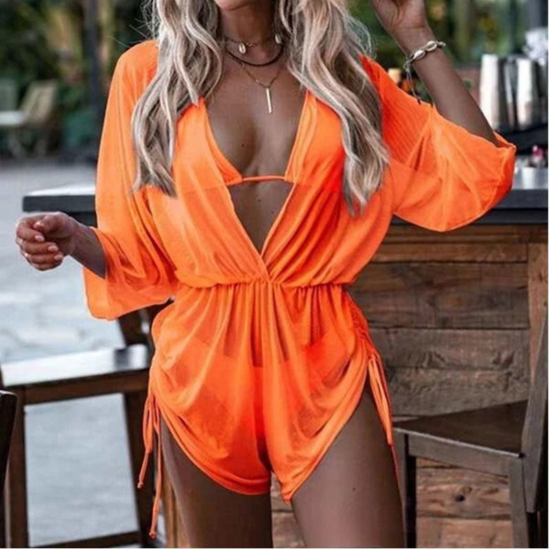 New long-sleeved three-piece mesh waist drawstring printed split bikini swimsuit
