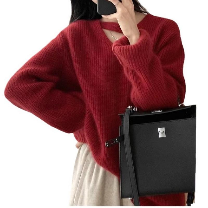 Design-Sinn Mode V-Ausschnitt Strickpullover Oberteil Damen Herbst und Winter Neu Weich Wachsig Locker Fauler Stil Pullover