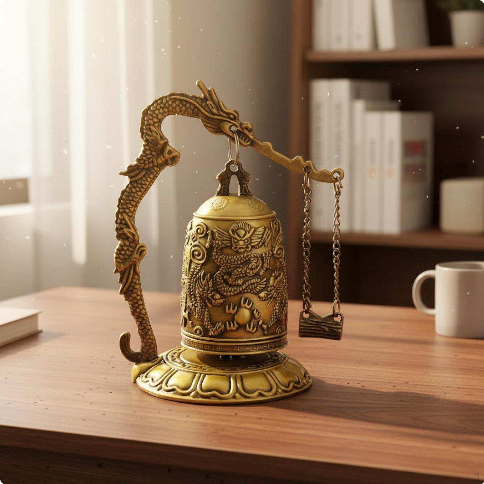 Antique Style Bronze Bell Embossed Patterns Chinese Dragon Ornament Decorative Feng Shui Decor Lock Bell