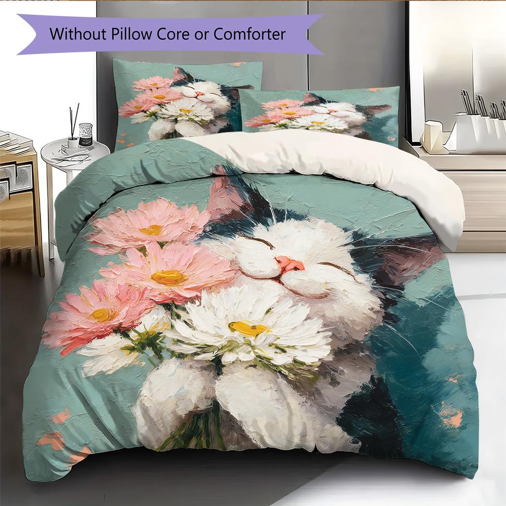 Cat Holding Flowers Pattern Bedding Quilt Set Home Decoration Gift (1 * Duvet Cover + 2 * Pillowcase, Without Core)