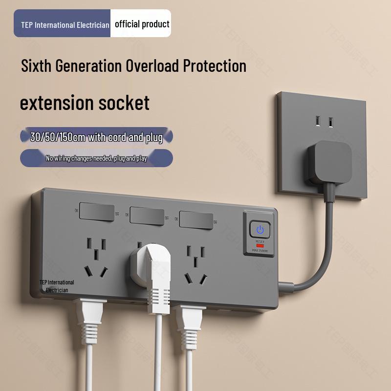 Extendable Kitchen Socket with Switch Panel, Surface-Mounted Multi-Hole Converter, Corded Power Strip
