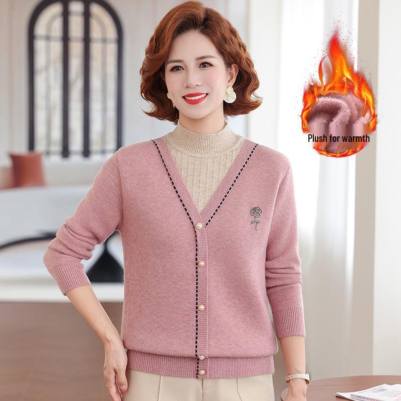 Mom's 2025 Winter Two-Piece Style Plus Velvet Sweater for Middle-Aged & Elderly Women - Thickened Autumn/Winter Velvet Base Layer Shirt