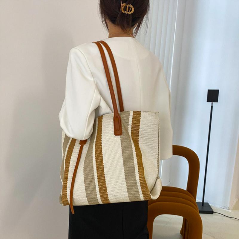 Large Capacity Shoulder Bag for Woman Fashion Stripe Handbag Shopping Bag Ladies Casual Tote Bag