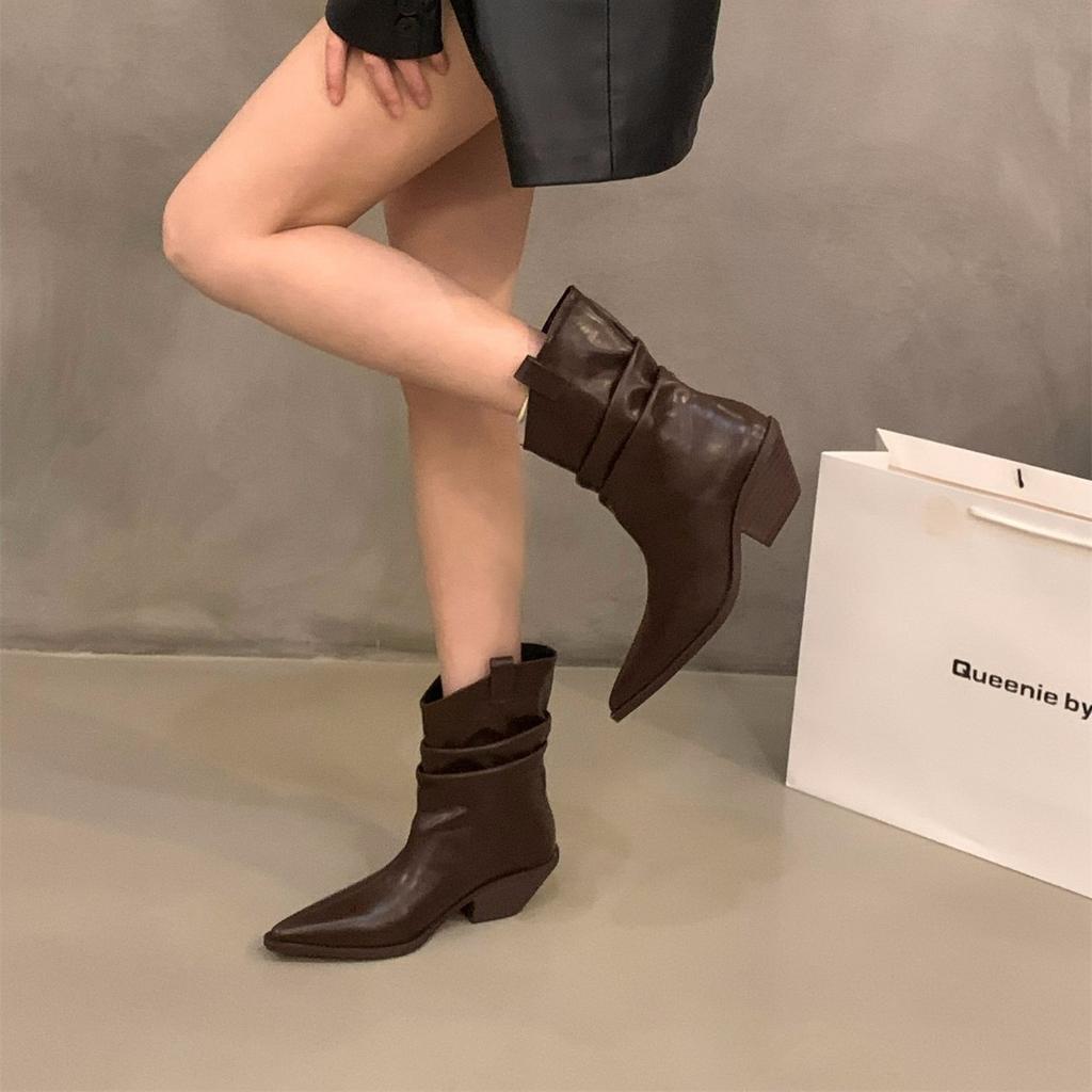 High Heel Pointed Pile Medium Boots Martin Boots Women's Boots 2025 Fall/Winter Skinny Brown Western Cowboy Boots