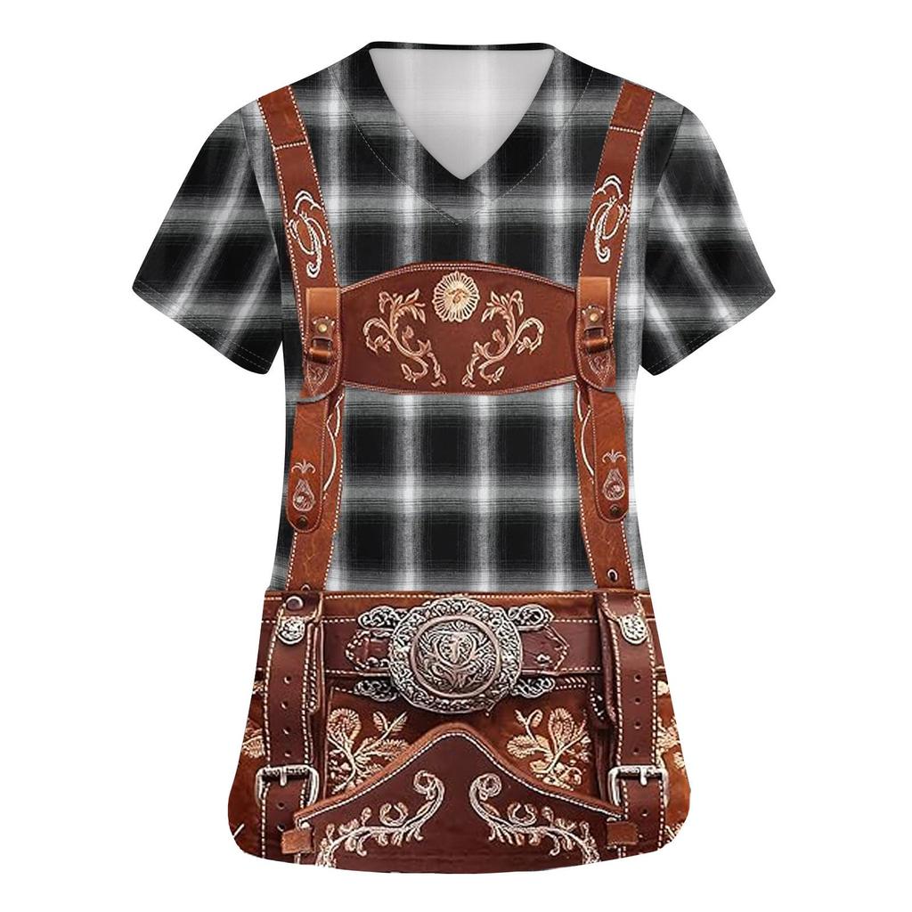 Women's V Neck Short Sleeve Work Shirt with Pockets Oktoberfest Print Top Nursing Uniform Comfortable Fit Durable Material