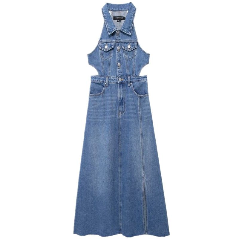 

Fashion Style 2024 Summer New Arrival Female Adult Lady like Woman Vacation Style Cut Out Slit Denim Dress Uwh864 Blue L